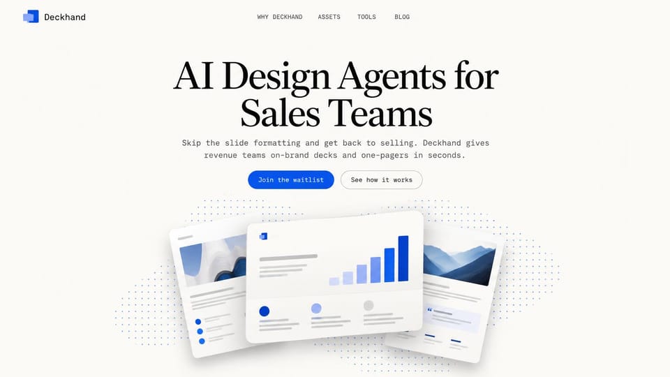 AI startup website design, sales deck AI in serif and typewriter type: off-white page, large black serif headline, monospace text, a blue waitlist button and three tilted slide cards