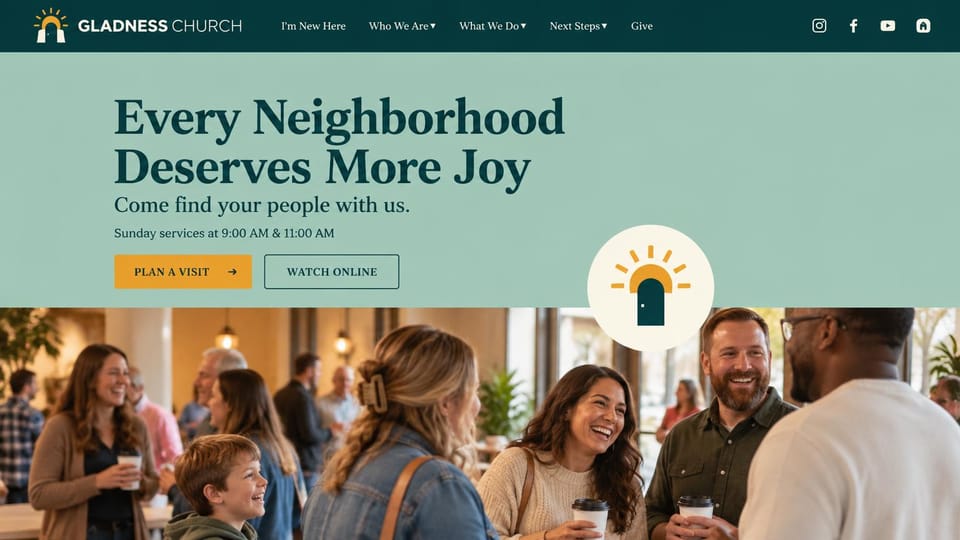 Church website design, neighborhood church in sage and gold: sage green panel with a dark green serif headline, a gold door icon and a congregation photo below