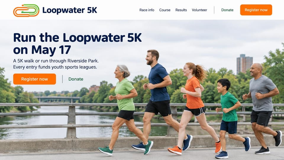 Event website design, community 5K with runners of every age: white header, navy headline over runners of all ages crossing a park bridge, orange register button
