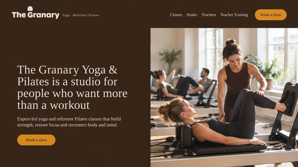 Fitness website design, yoga and reformer Pilates in one studio: dark brown panel with cream serif text beside a bright photo of reformer instruction