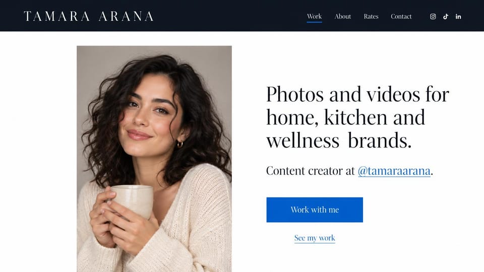 UGC portfolio website design, wellness creator with an editorial portrait: navy top bar, white page, a tall portrait of a woman holding a mug beside a large serif headline and a blue button