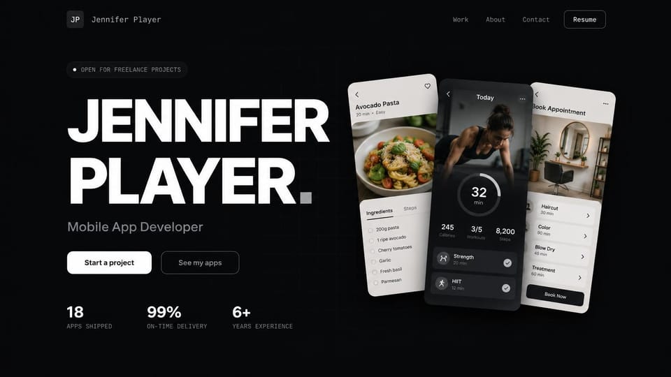 Portfolio website design, mobile app developer with phone screens: black page, a huge white name and white button beside three overlapping phone screens for food, fitness and booking