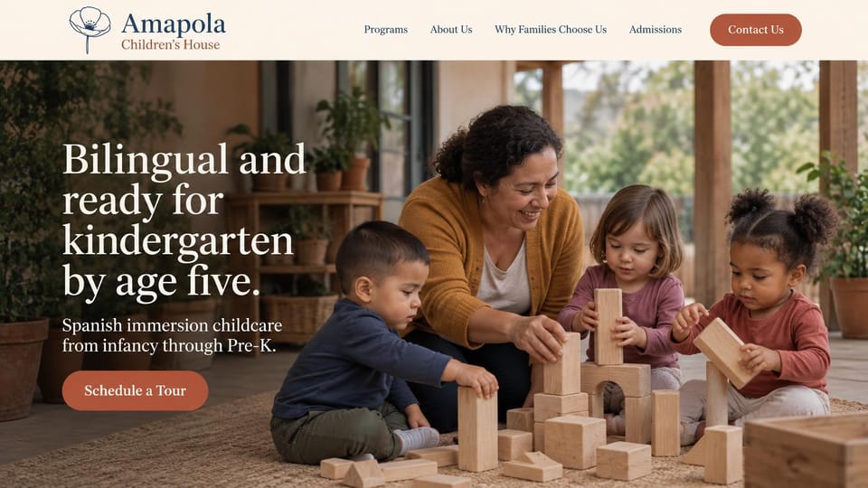 Daycare website design, spanish immersion childcare with a bilingual promise: full-width warm photo of a teacher and three toddlers building with wooden blocks on a porch, a large white serif headline, a terracotta tour button, cream header with a poppy logo