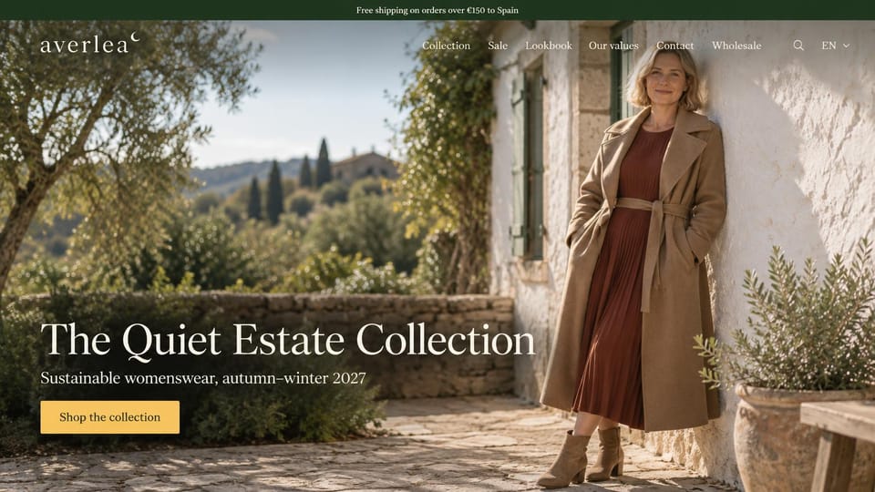 Fashion website design, sustainable womenswear on a sunlit country estate: dark green top bar, full-bleed photo of a woman in a camel wrap coat leaning on a whitewashed farmhouse wall by olive trees, a large cream serif headline and a yellow button