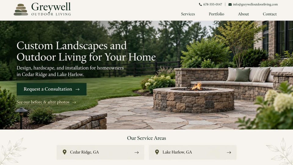 Landscaping website design, outdoor living with service area cards: cream header, a fire pit patio and lawn behind a white serif headline, a dark green button and two town cards below