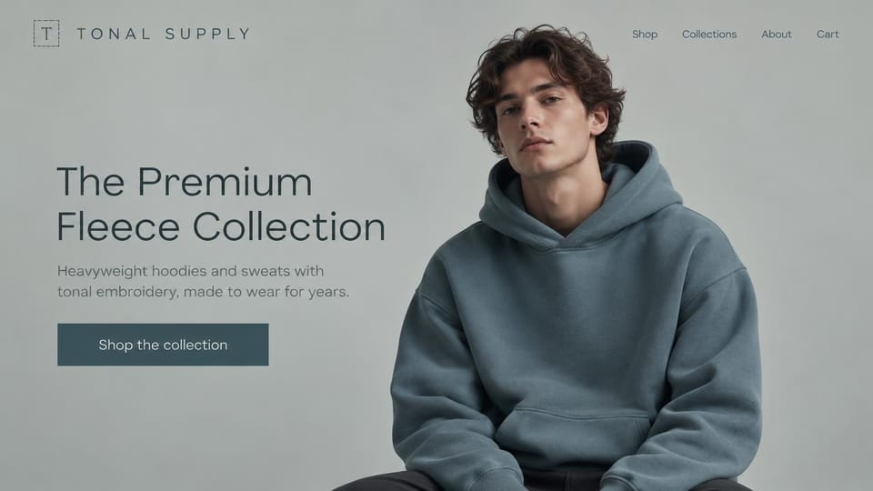 Fashion website design, heavyweight hoodies on a soft gray backdrop: gray-blue studio, a young man in a slate blue hoodie, a boxed letter logo, a dark sans headline and a slate button