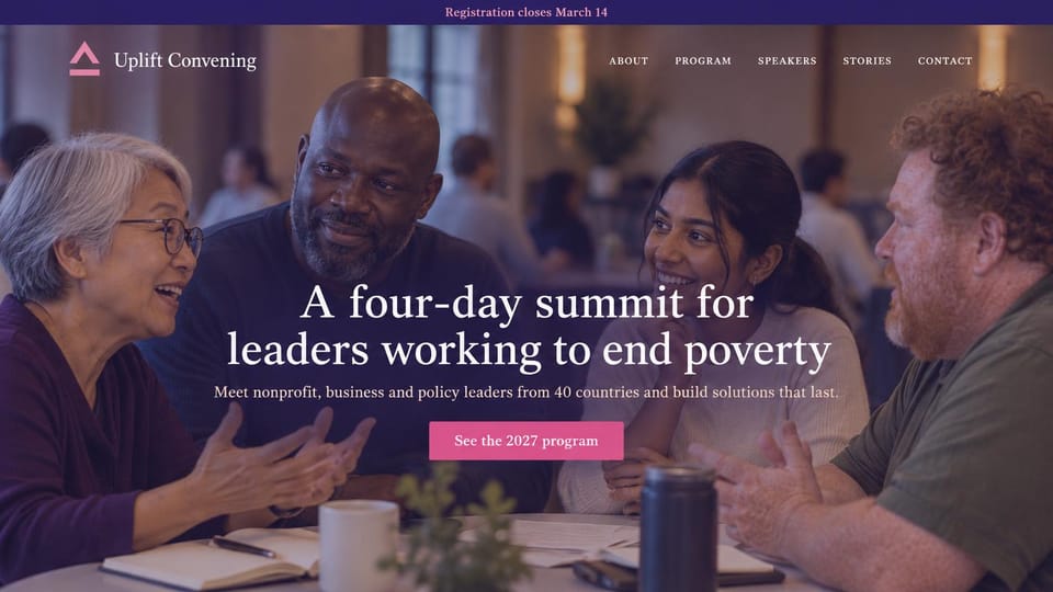 Event website design, nonprofit summit around a shared table: purple-tinted photo of four people of different ages talking at a cafe table, centered white serif headline, pink program button, purple notice bar