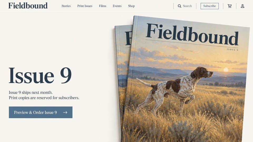 News and magazine website design, field sports magazine with a painted cover: off-white page, navy serif wordmark, large navy issue number, steel blue order button, two stacked magazine covers with a painting of a pointer dog in golden grassland
