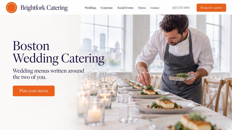 Catering website design, wedding menus with a chef plating by tall windows: white page, a deep purple serif headline, an orange plan your menu button and a chef plating dishes at a long table by tall city windows