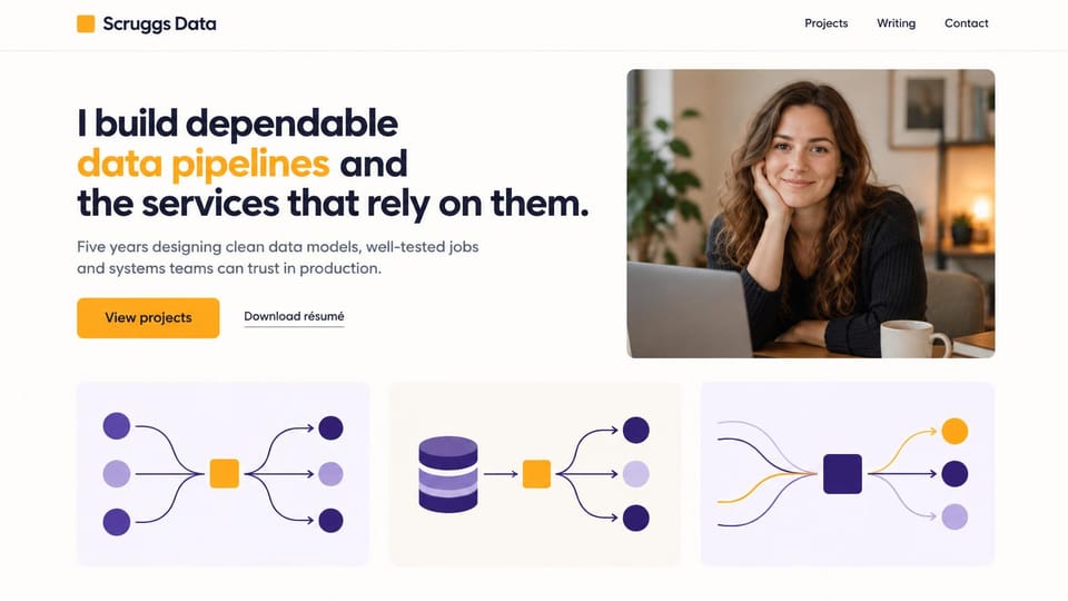 Developer portfolio website design, data pipeline engineer with three flow diagrams: warm white page, a navy headline with orange highlights, an orange projects button, a portrait of a smiling woman at a laptop and three pastel cards with flow diagrams