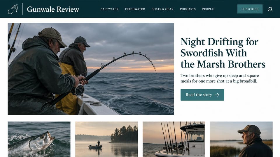 News and magazine website design, fishing magazine with a dusk boat photo: dark teal header with a hook logo and teal subscribe button, two fishermen in rain gear working a bent rod at dusk, a navy serif headline, a row of four fishing photos