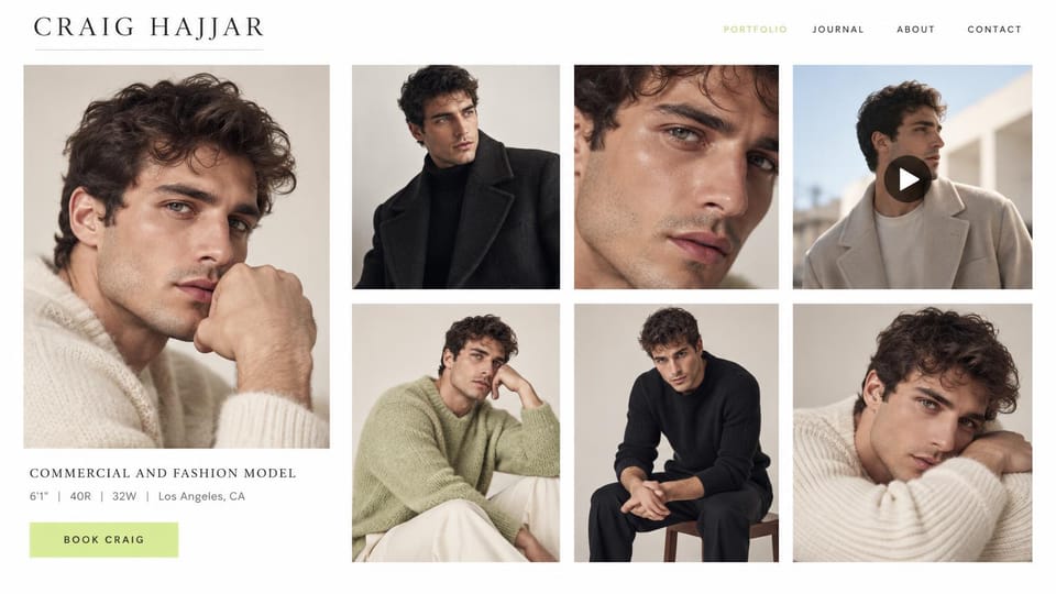 Model portfolio website design, male commercial model with a six-photo grid and a video: white page, spaced black capitals, a large portrait of a curly-haired man in a cream sweater, a pale lime booking button and a grid of six photos with a play button on one