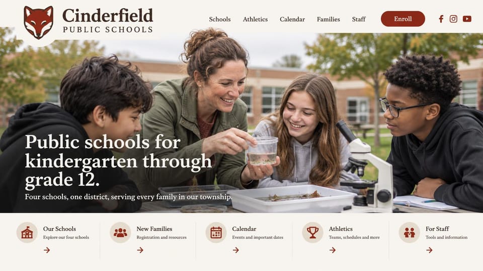 School website design, township schools with a fox mascot and outdoor science: cream header with a fox mascot and deep red enroll pill, a teacher and students studying pond water outdoors, five quick links below