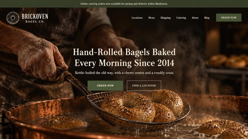Cafe website design, bagel bakery with the kettle at work: dark brown, a baker lifting bagels from boiling water behind a cream serif headline