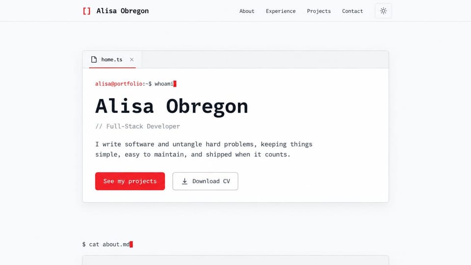 Developer portfolio website design, full-stack developer in a code editor window: light gray page, a white code editor card with a file tab, a large black monospace name, a red projects button and a CV button