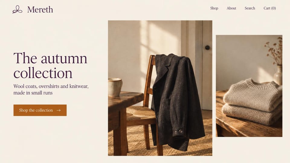 Fashion website design, autumn collection in still lifes with no models: cream page, a plum serif headline and rust button beside still lifes of a charcoal wool jacket on a rush chair and folded knits on a table