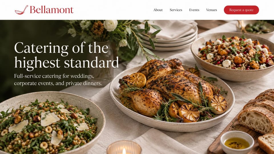 Catering website design, full-service catering led by the food: white header with a red logo and button above a bright spread of roast chicken, grain salads and bread, white serif headline