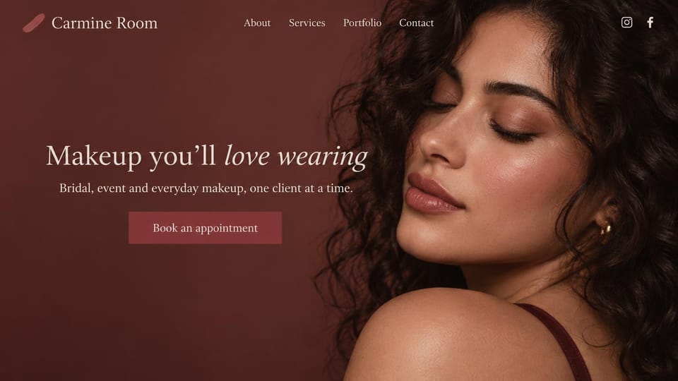 Salon website design, makeup artist in deep burgundy: deep burgundy, a close-up beauty portrait on the right, a centered serif headline with italic words