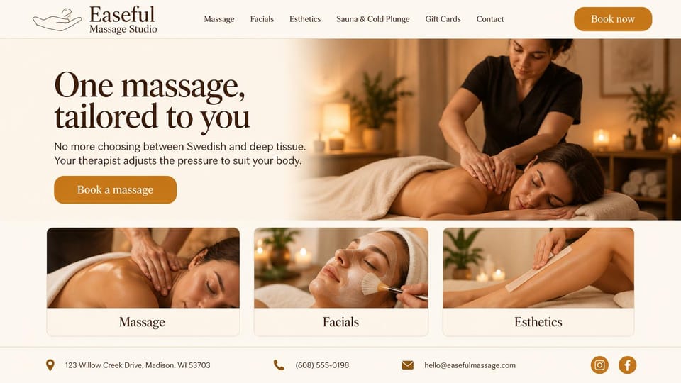Massage therapist website design, massage, facials and sauna with service cards: cream page, a large dark serif headline, an amber button, a warm massage photo and three photo cards for massage, facials and esthetics