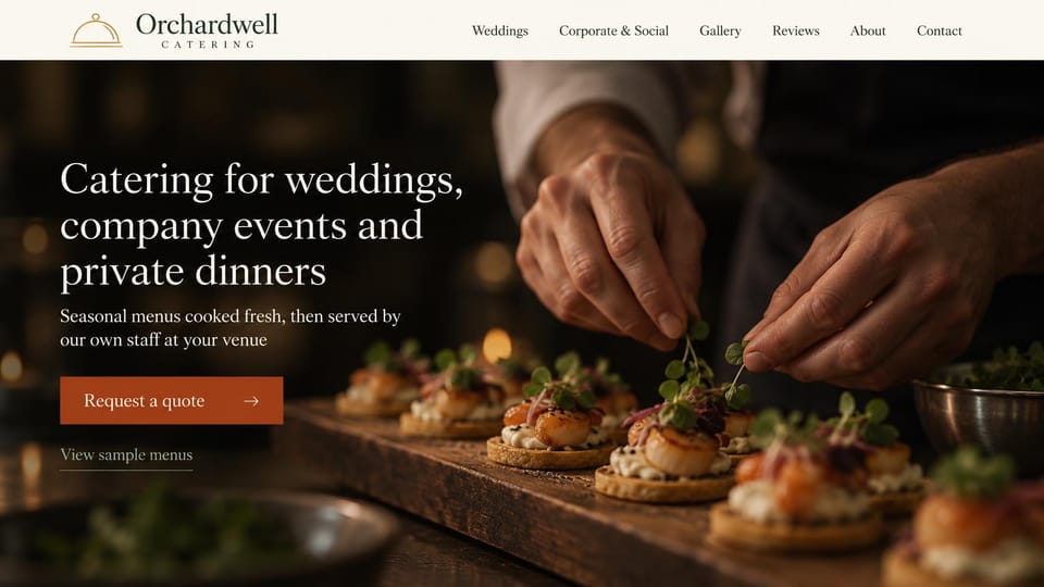 Catering website design, event catering with a chef garnishing canapés: cream menu bar over a dark photo of hands placing herbs on scallop canapés, a white serif headline and a burnt orange button