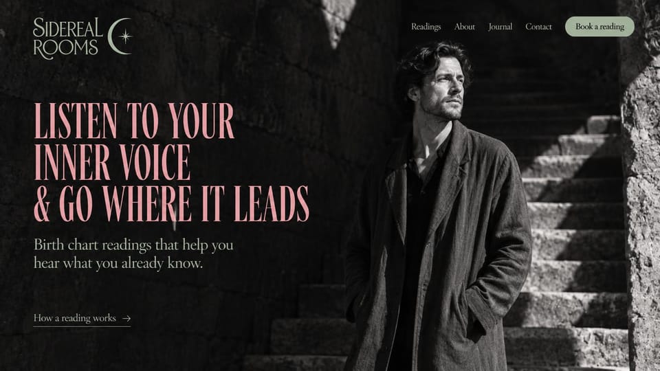 Astrology website design, birth chart readings with a black and white portrait: black and white photo of a man in a long coat on stone steps, tall pink condensed capitals, a sage green booking button