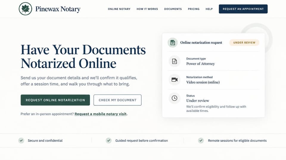 Notary website design, online notarization with a request status card: white page, a large navy serif headline, a dark green request button and an outlined check button, a white card with document type, video session and status rows, three checkmarks along the bottom