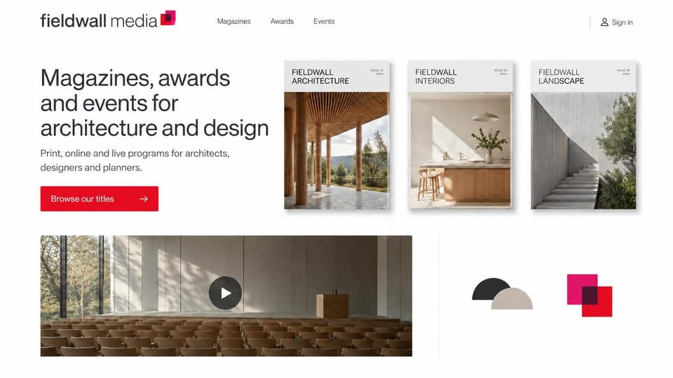 News and magazine website design, design media publisher with its magazine covers: white page, a charcoal sans headline, a red browse button, three magazine covers with architecture, interior and landscape photos, a video still of an empty auditorium below