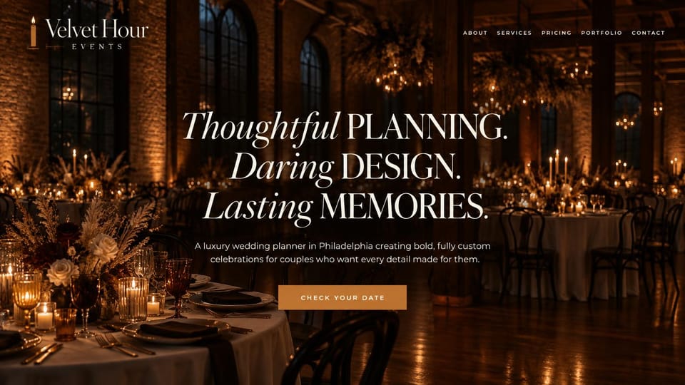 Wedding planner website design, luxury planner with a chandelier ballroom: dark amber ballroom with chandeliers and candlelit tables, white serif headline mixing italics and capitals, orange button