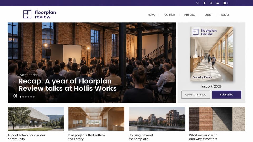 News and magazine website design, architecture magazine with an issue order box: white page, purple floor plan logo and top bar, a panel talk in a brick warehouse hall, gray box with an issue cover of a sunny school corridor, four building photos below