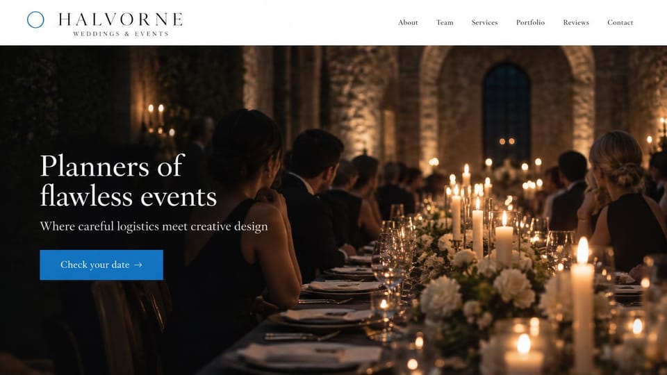 Event planner website design, wedding and event planner with a bright blue accent: white header with a blue ring logo, candlelit stone hall with guests along a long table, white serif headline, blue date button