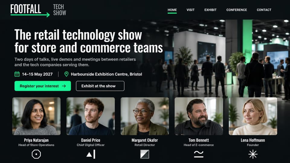 Event website design, trade show with speakers and an exhibit button: dark photo of an exhibition hall, white condensed headline, green interest button and outlined exhibit button, five speaker portraits