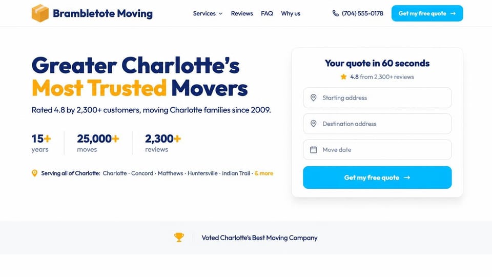 Moving company website design, local movers with no photo, just the numbers and a form: white page with no photos, a navy and orange headline, large stats, a quote form card with a bright blue button