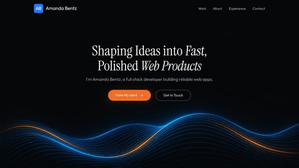 Developer portfolio website design, full stack developer with glowing lines: black page, a large white serif headline with italic words, an orange button and glowing blue and orange lines