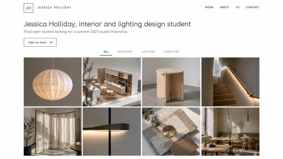 Resume website design, interior and lighting design student with a work grid: white page, thin gray headline, outlined work button, filter tabs, grid of lamps, furniture and interior models