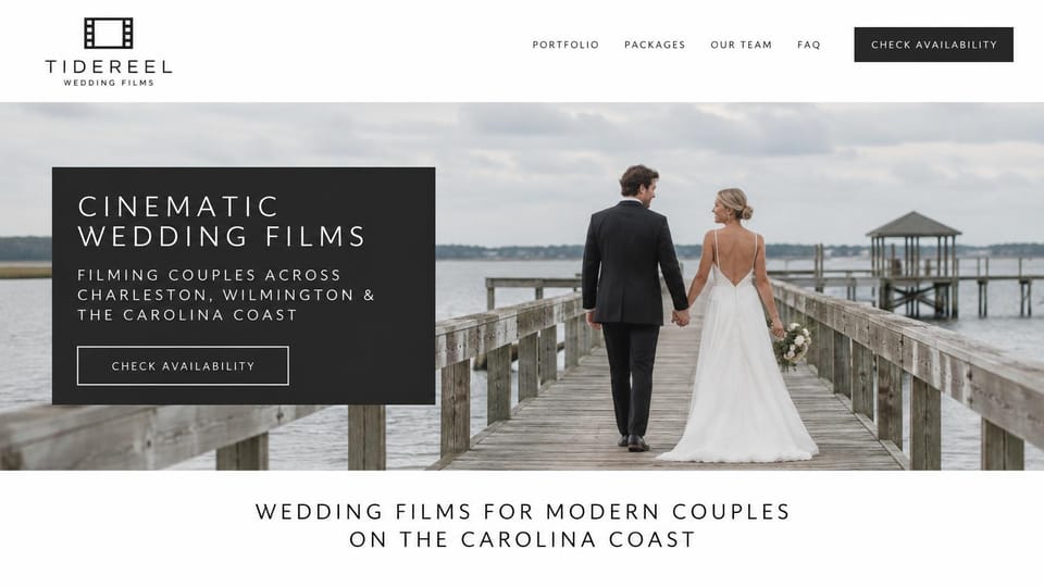 Photography website design, wedding films with a cinematic panel: white header above a couple walking on a pier, a black text panel with an outlined check availability button