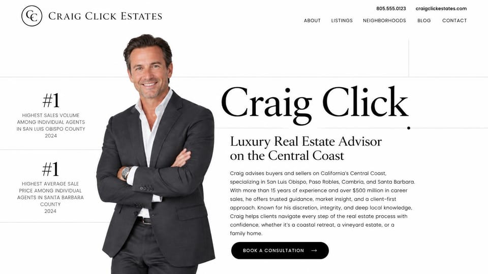 Real estate website design, luxury advisor with rankings beside the name: white page, an agent cutout portrait between ranking notes and a large black serif name