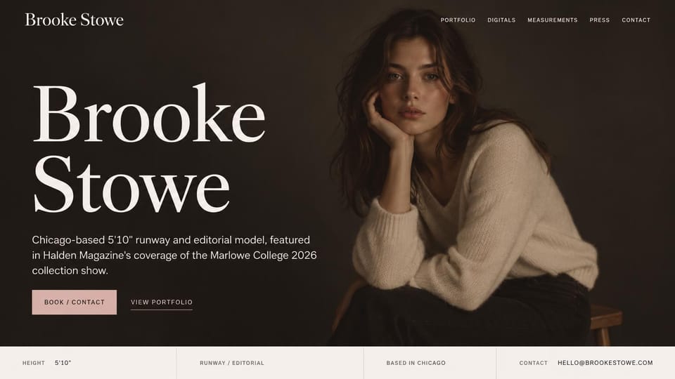 Model portfolio website design, runway and editorial model with a stats bar: dark warm brown page, a huge white serif name, a pink booking button, a woman in a cream sweater with her hand on her cheek and a light stats bar