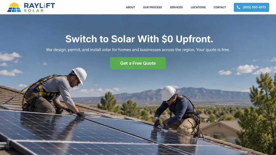 Solar website design, home and business solar with a mountain view: white menu with a blue phone button, a photo of two installers in white hard hats and harnesses on a roof with mountains behind, a centered white headline, a green quote button
