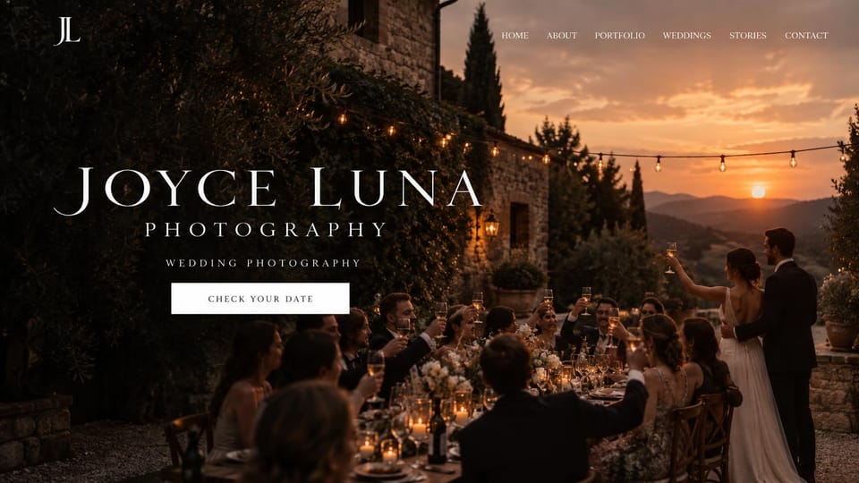 Wedding photographer website design, destination wedding photographer with your name as the headline: dusk terrace with string lights and guests toasting at a long table, a couple toasting at the edge, a large white serif name and a white button