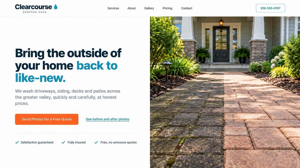 Pressure washing website design, house washing on a light split screen: white page with a navy and teal headline and an orange button, a photo of a home's front walk with the brick path half cleaned