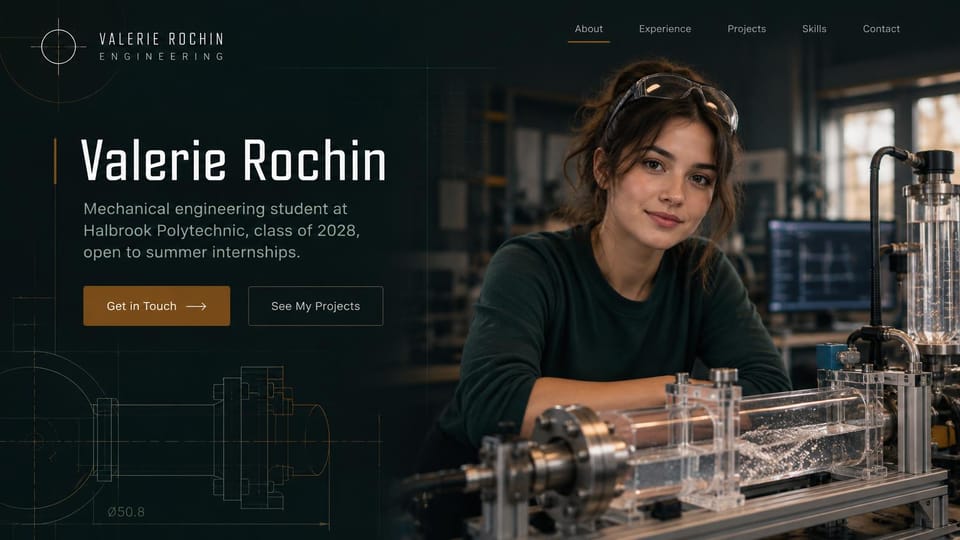 Engineering portfolio website design, mechanical engineering student with blueprint lines: near-black page with copper drawing lines, a large white name, a copper button and a student leaning on a clear fluid test rig