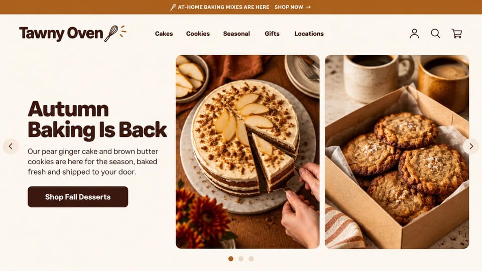 Bakery website design, cake and cookie bakery, photos side by side: cream page, a heavy brown headline beside photos of a pear cake being sliced and a box of cookies