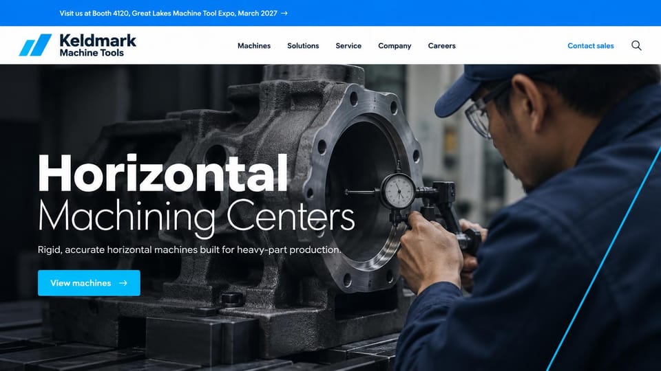 Manufacturing website design, machining centers with a trade show banner: bright blue top banner, a white header, a dark photo of a man checking a large casting with a dial gauge, a two-weight white headline and a blue button