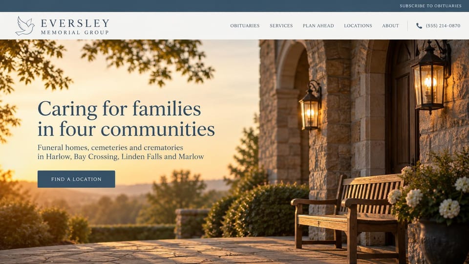 Funeral home website design, funeral group serving several towns: warm sunset photo of a stone porch with lanterns and a wooden bench, a serif headline at left, a slate blue button and a slim top bar