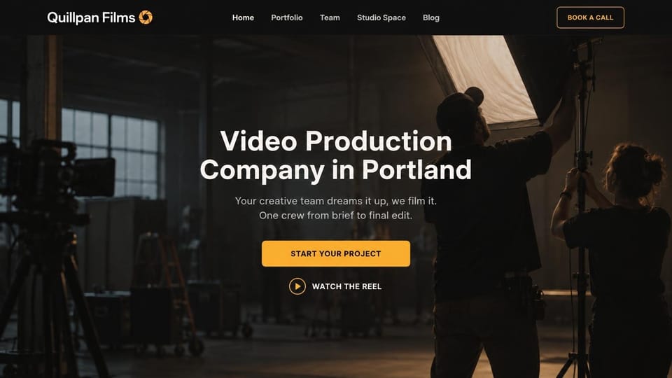 Videographer website design, local production company with studio space: dark studio with a crew raising a large softbox, centered bold white headline, yellow project button and a reel link