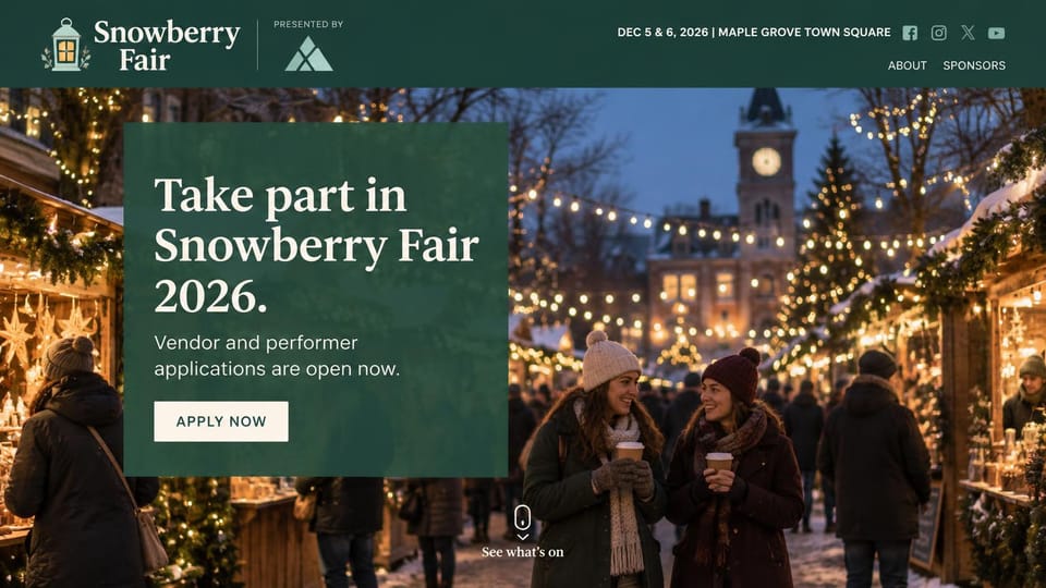 Event website design, winter holiday fair calling for vendors and performers: dark green header with a lantern logo and a sponsor mark, a snowy evening market by a clock tower, friends with warm drinks, a green panel with a cream serif headline and a cream apply button