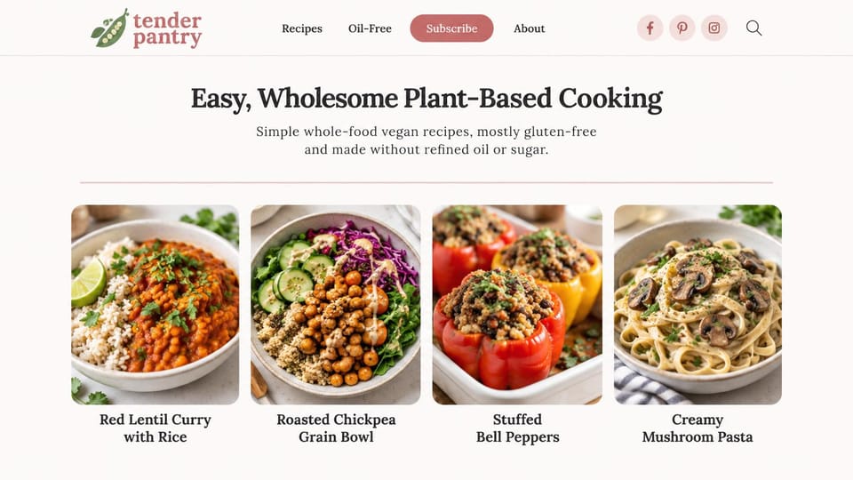 Blog website design, plant-based recipes, simple and centered: cream page, a green pea-pod logo, a dusty rose subscribe button and four bowls of vegan food