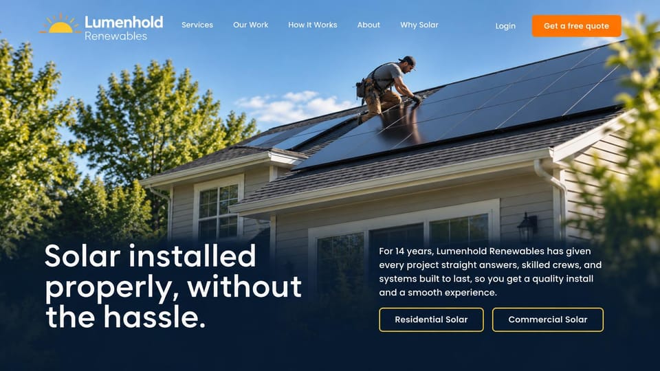 Solar website design, home and business solar with two path buttons: white menu over a photo of an installer laying dark panels on a gray-sided home, a navy band with a large white headline, a short story paragraph and two outlined gold buttons
