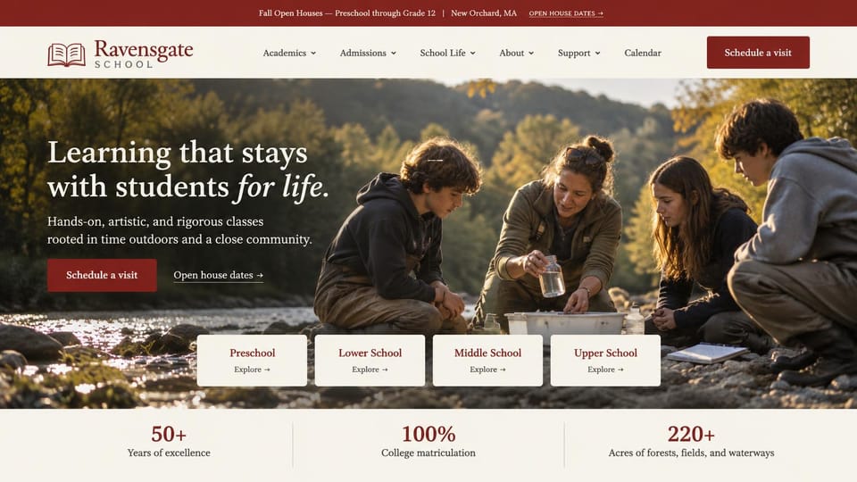 School website design, preschool to 12 school with grade-level cards: cream and dark red header, students and a teacher at a woodland stream, a white serif headline, four white division cards and a row of numbers