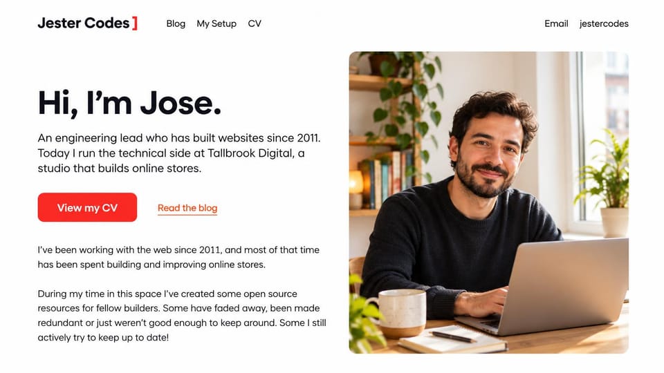 Resume website design, web engineering lead with a blog and a setup page: white page, a heavy black hello headline, a red CV button and a bearded man smiling at a laptop by a window full of plants